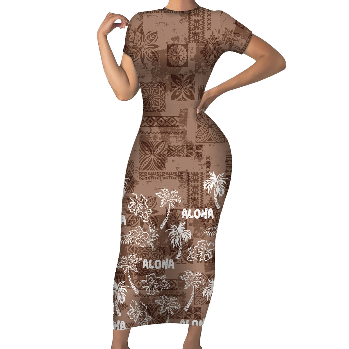 Aloha Vintage Quilt Family Matching Short Sleeve Bodycon Dress and Hawaiian Shirt Hawaiian Seamless - Brown LT7 Mom's Dress Brown - Polynesian Pride