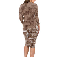 Aloha Vintage Quilt Long Sleeve Bodycon Dress Hawaiian Seamless - Brown LT7 - Polynesian Pride
