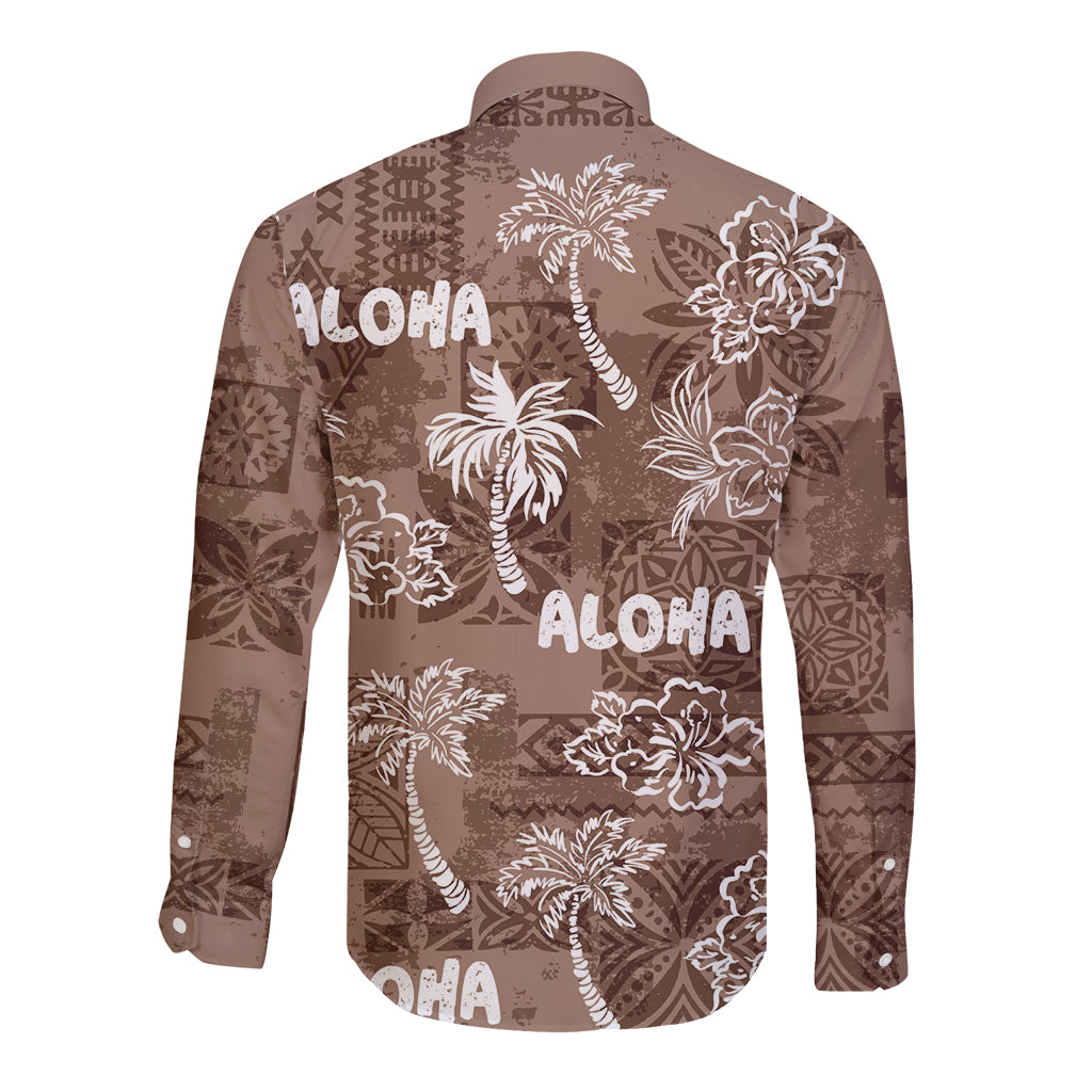 Aloha Vintage Quilt Long Sleeve Button Shirt Hawaiian Seamless - Brown LT7 - Polynesian Pride