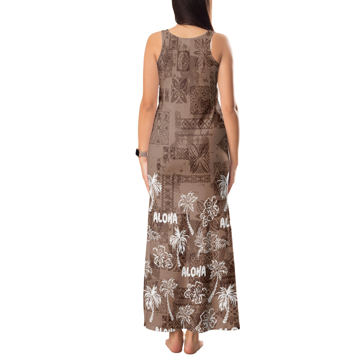 Aloha Vintage Quilt Tank Maxi Dress Hawaiian Seamless - Brown LT7 - Polynesian Pride