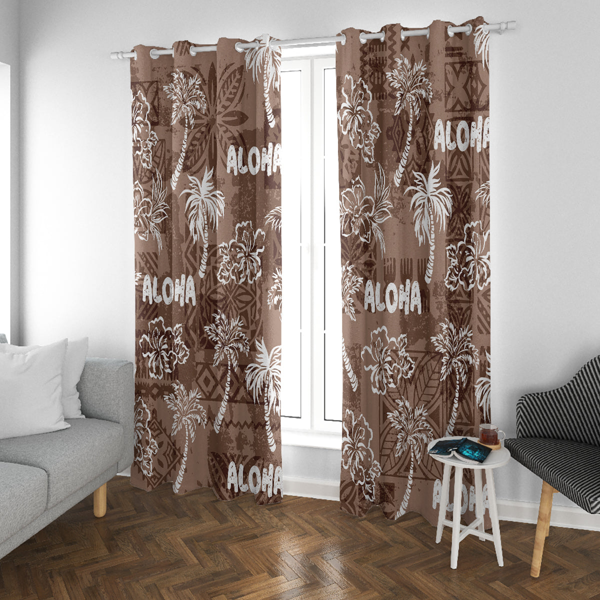 Aloha Vintage Quilt Window Curtain Hawaiian Seamless - Brown LT7 With Grommets Brown - Polynesian Pride