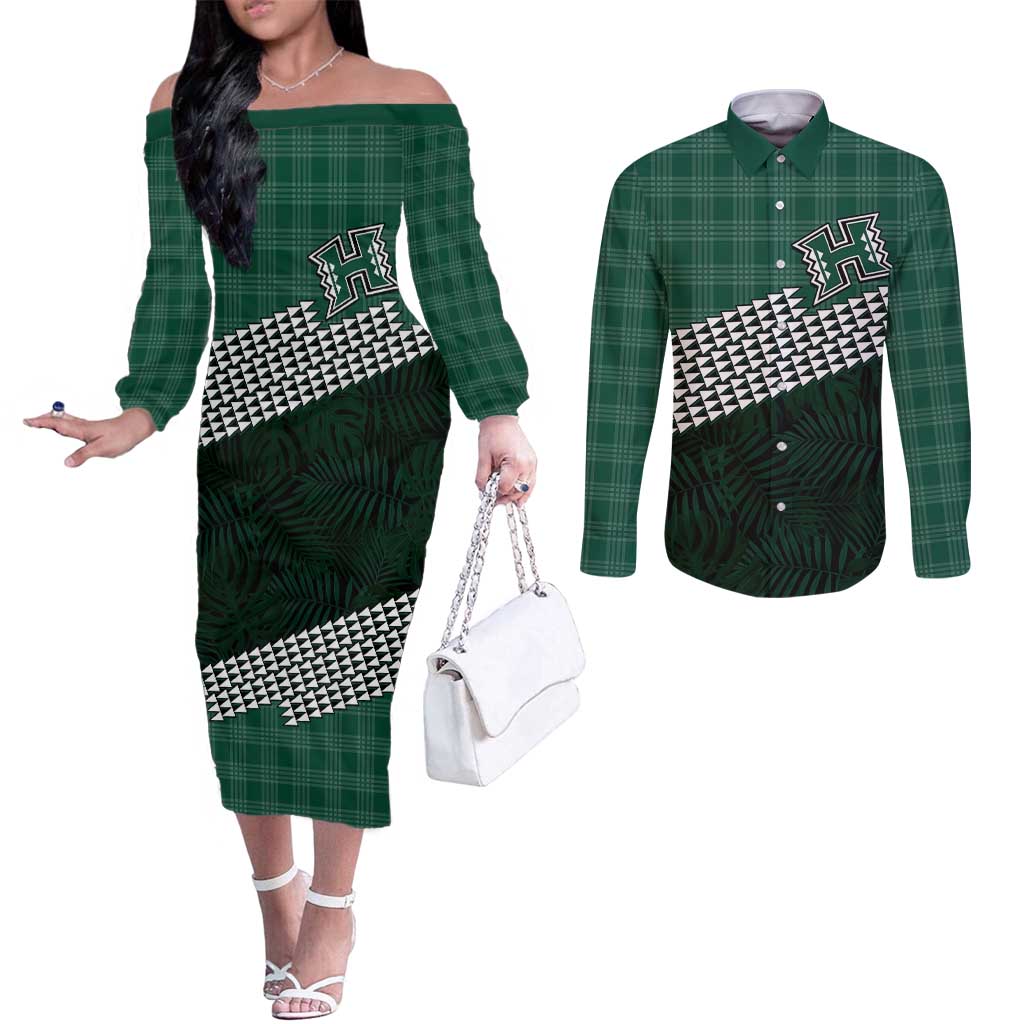 Rainbow Warriors Hawaii Personalized Palaka Couples Matching Off The Shoulder Long Sleeve Dress and Long Sleeve Button Shirt LT7 Green - Polynesian Pride