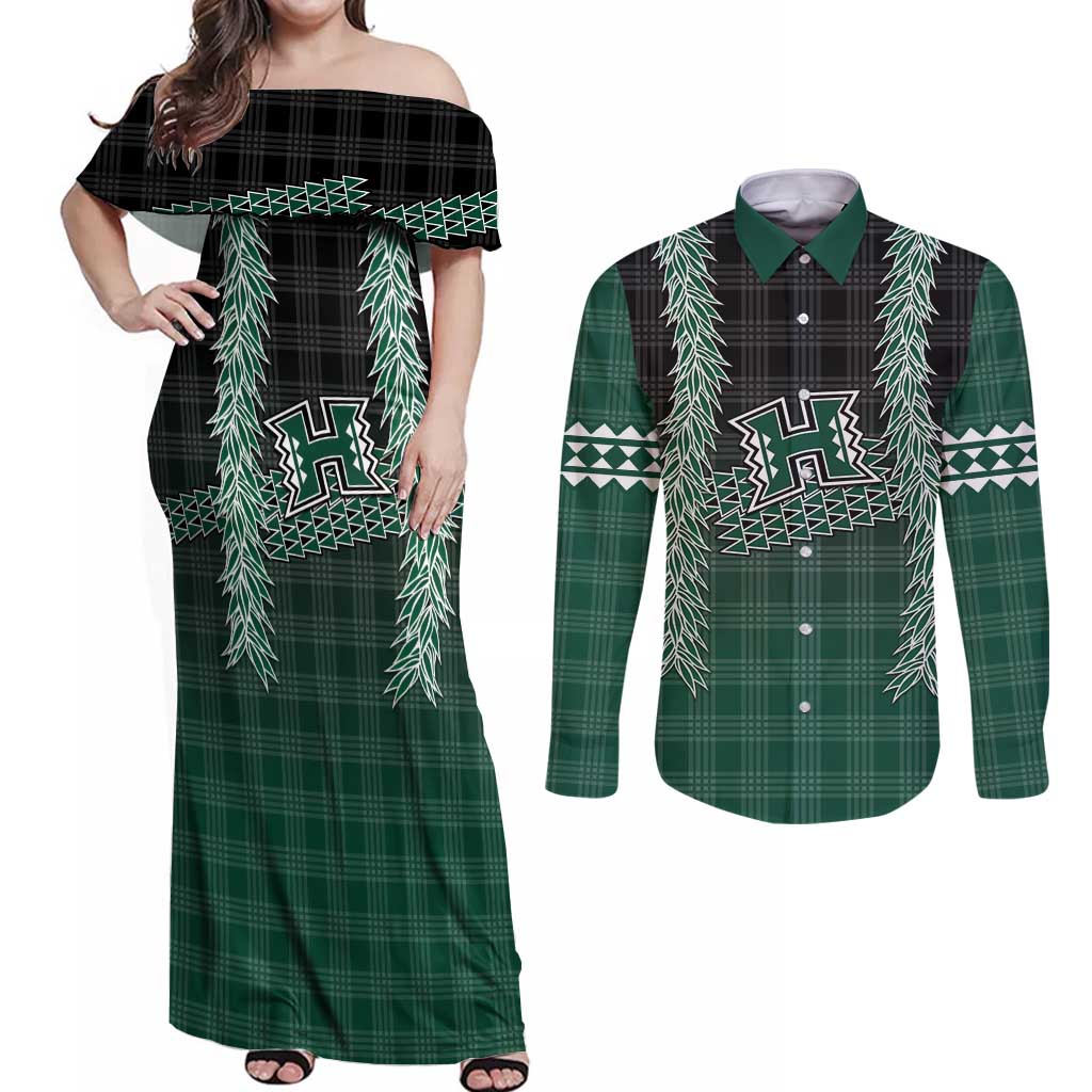 Rainbow Warriors Hawaii Palaka Couples Matching Off Shoulder Maxi Dress and Long Sleeve Button Shirt Maile Lei - Polynesian Pride