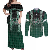 Rainbow Warriors Hawaii Palaka Couples Matching Off Shoulder Maxi Dress and Long Sleeve Button Shirt Maile Lei - Polynesian Pride