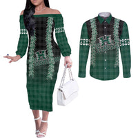 Rainbow Warriors Hawaii Palaka Couples Matching Off The Shoulder Long Sleeve Dress and Long Sleeve Button Shirt Maile Lei LT7 Dark Green - Polynesian Pride