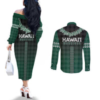 Rainbow Warriors Hawaii Palaka Couples Matching Off The Shoulder Long Sleeve Dress and Long Sleeve Button Shirt Maile Lei LT7 - Polynesian Pride