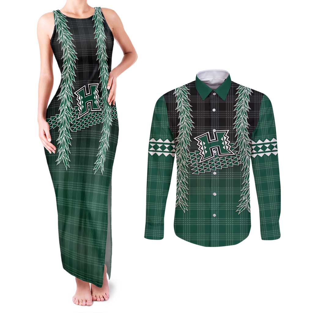 Rainbow Warriors Hawaii Palaka Couples Matching Tank Maxi Dress and Long Sleeve Button Shirt Maile Lei - Polynesian Pride
