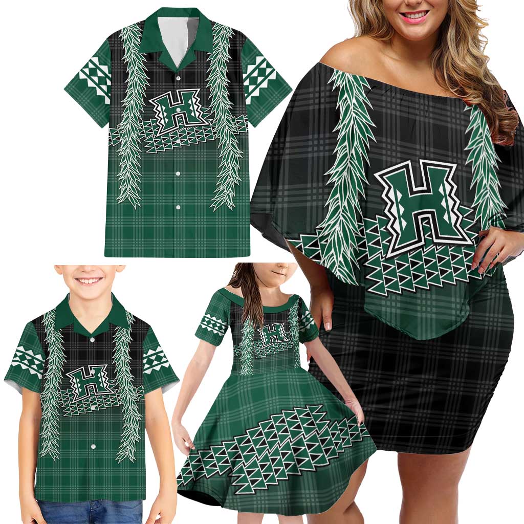Rainbow Warriors Hawaii Palaka Family Matching Off Shoulder Short Dress and Hawaiian Shirt Maile Lei - Polynesian Pride