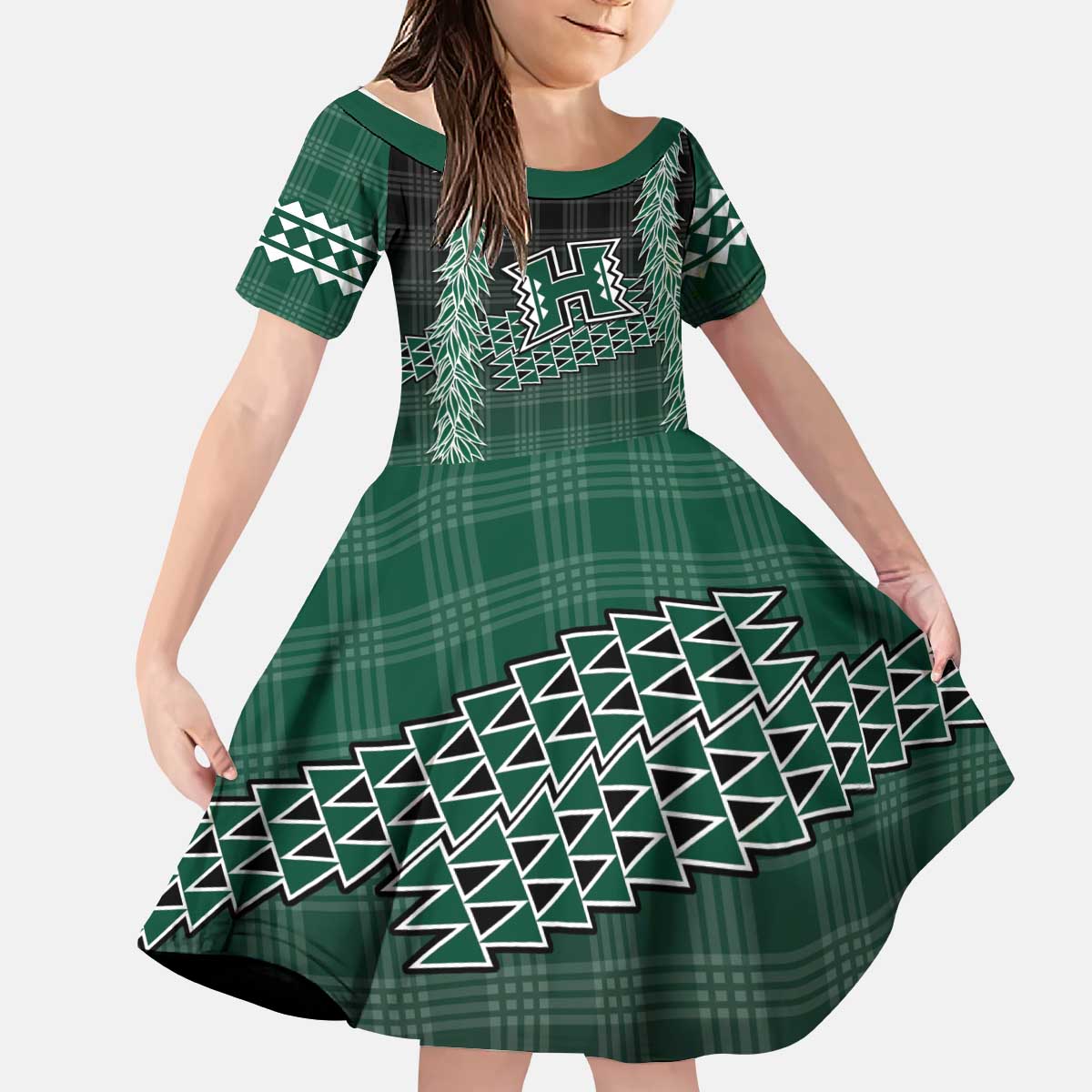 Rainbow Warriors Hawaii Palaka Kid Short Sleeve Dress Maile Lei LT7 KID Dark Green - Polynesian Pride
