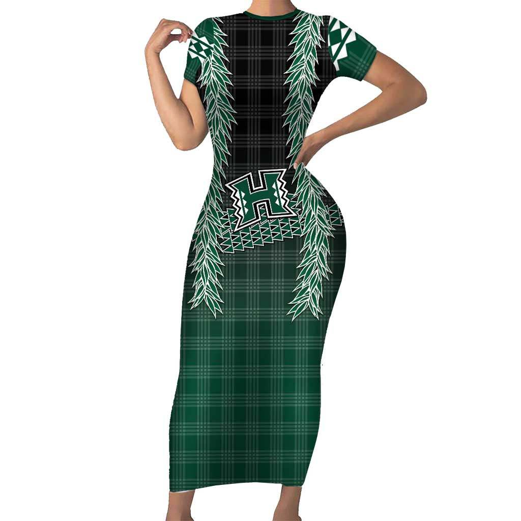 Rainbow Warriors Hawaii Palaka Short Sleeve Bodycon Dress Maile Lei - Polynesian Pride