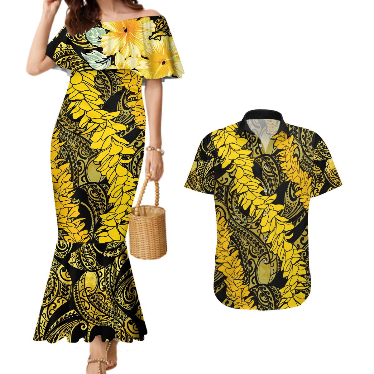 Hawaii Oahu Ilima Lei Couples Matching Mermaid Dress and Hawaiian Shirt LT7 Yellow - Polynesian Pride