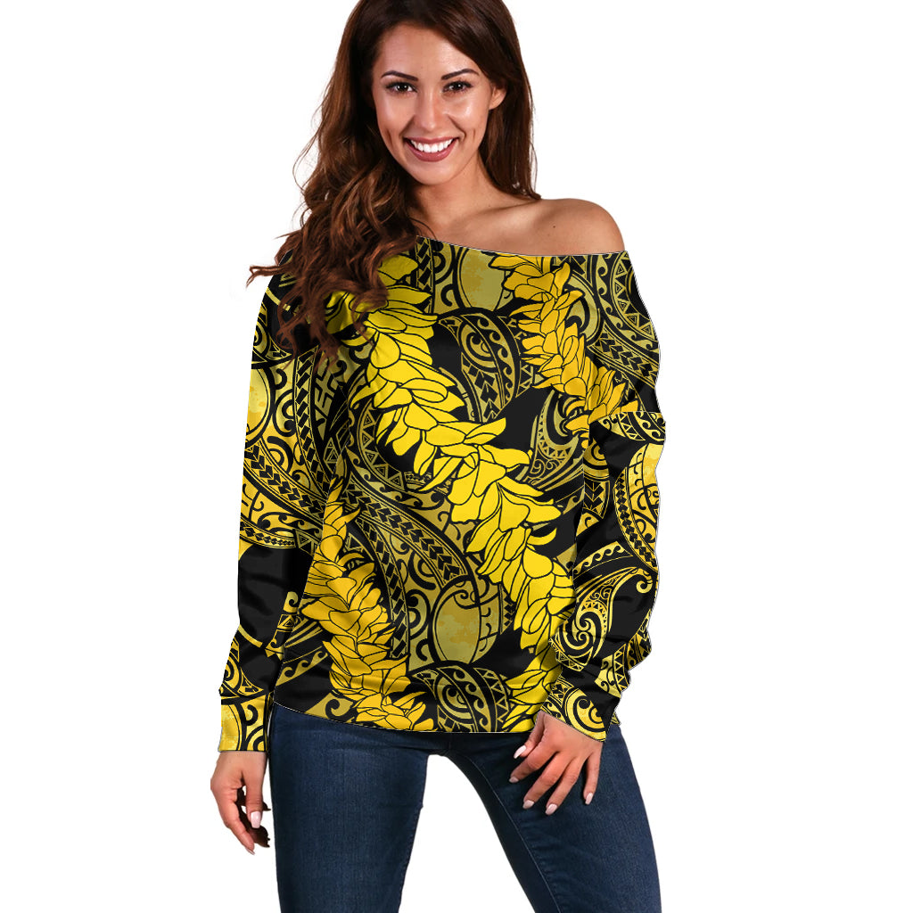 Hawaii Oahu Ilima Lei Off Shoulder Sweater LT7 Women Yellow - Polynesian Pride