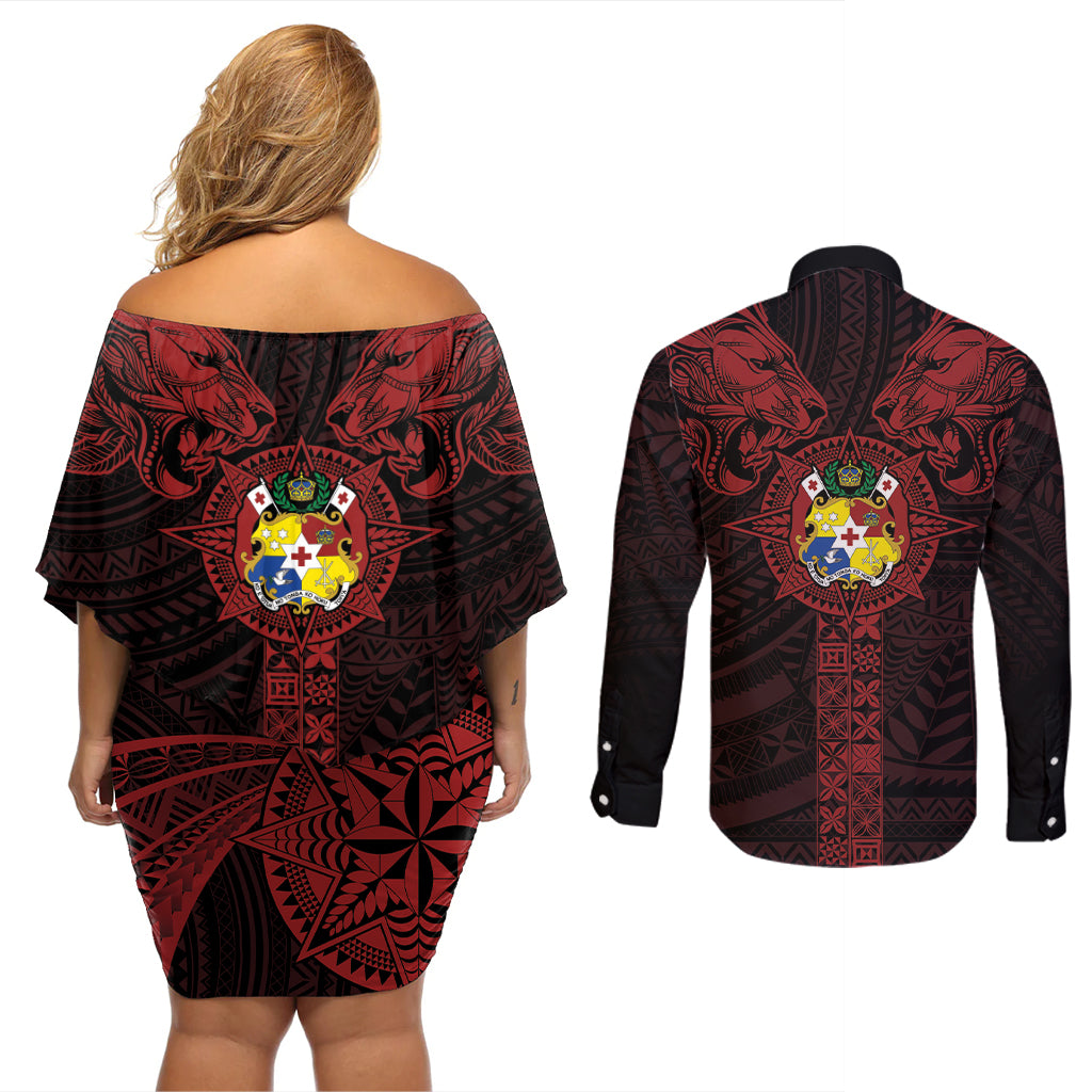 Tonga Independence Day Couples Matching Off Shoulder Short Dress and Long Sleeve Button Shirt Tongatapu Lion Ngatu Motifs Black Ver.