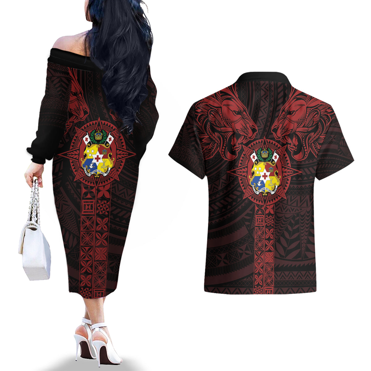 Tonga Independence Day Couples Matching Off The Shoulder Long Sleeve Dress and Hawaiian Shirt Tongatapu Lion Ngatu Motifs Black Ver.