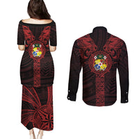 Tonga Independence Day Couples Matching Puletasi and Long Sleeve Button Shirt Tongatapu Lion Ngatu Motifs Black Ver.