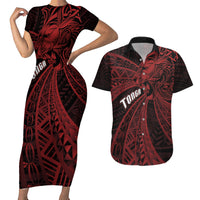 Tonga Independence Day Couples Matching Short Sleeve Bodycon Dress and Hawaiian Shirt Tongatapu Lion Ngatu Motifs Black Ver.