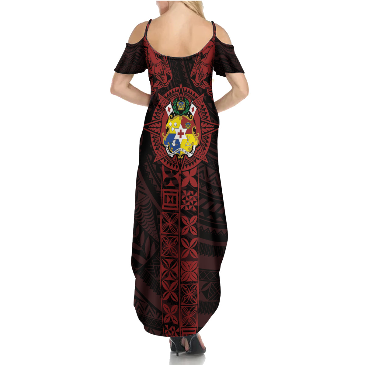 Tonga Independence Day Family Matching Summer Maxi Dress and Hawaiian Shirt Tongatapu Lion Ngatu Motifs Black Ver.