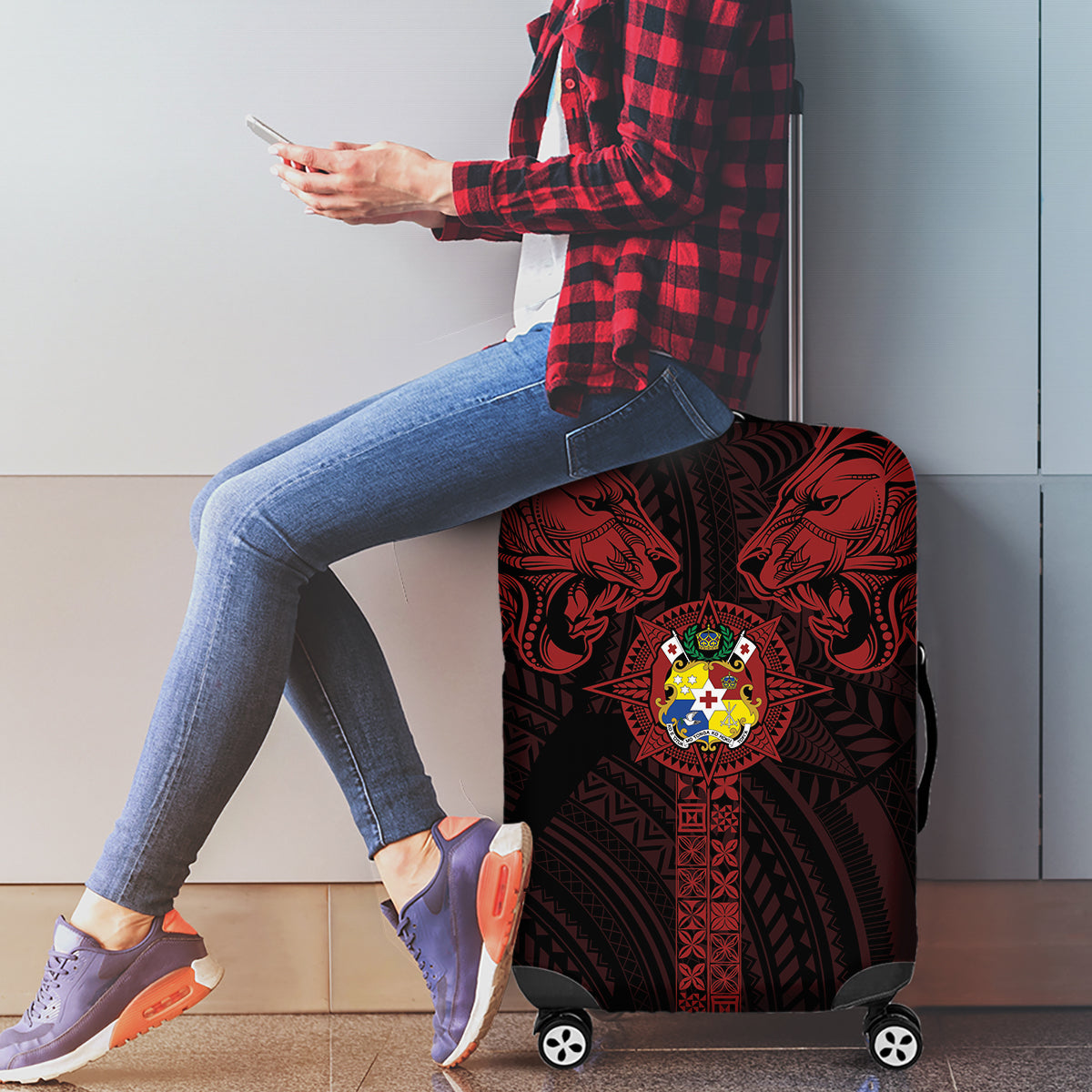 Tonga Independence Day Luggage Cover Tongatapu Lion Ngatu Motifs Black Ver. LT7 - Polynesian Pride