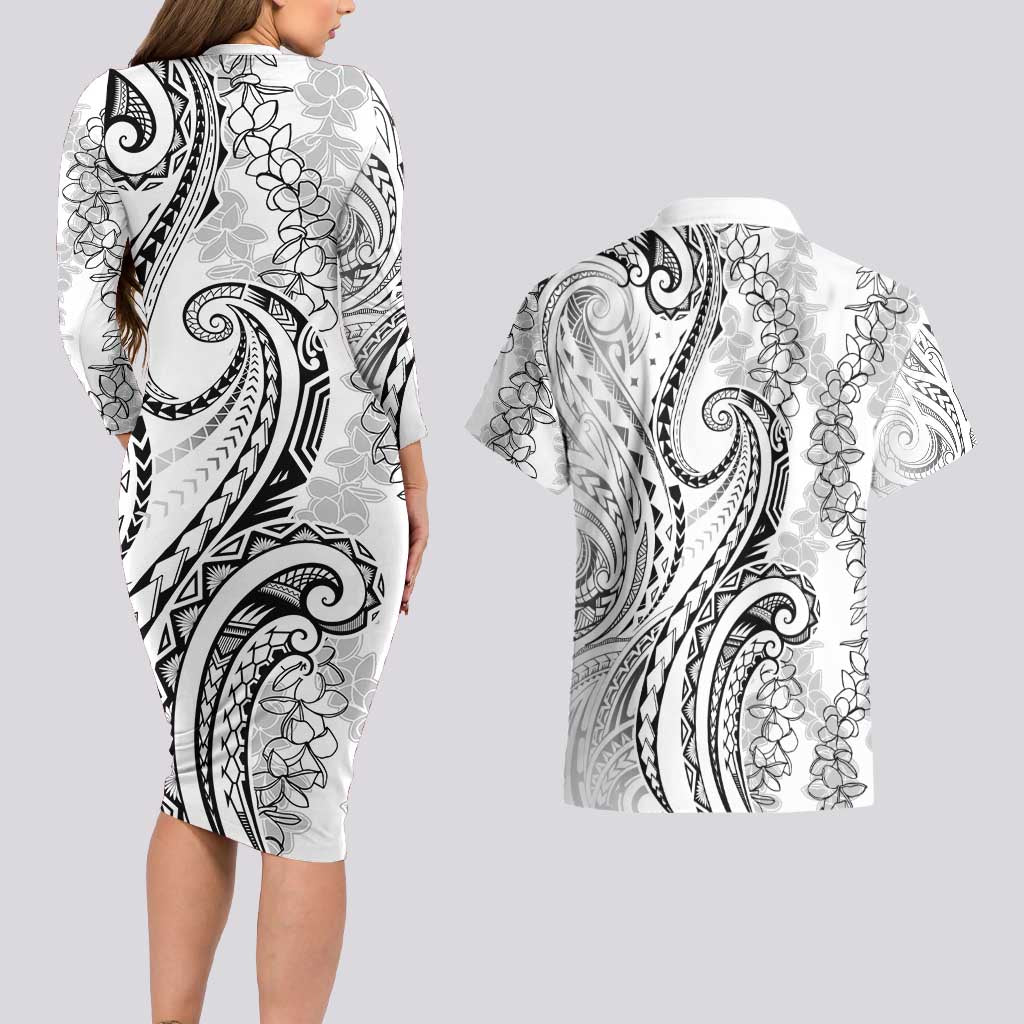 Polynesia Plumeria Lei Couples Matching Long Sleeve Bodycon Dress and Hawaiian Shirt White Curves Motif