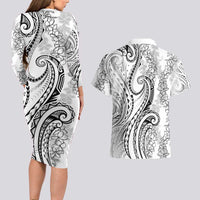 Polynesia Plumeria Lei Couples Matching Long Sleeve Bodycon Dress and Hawaiian Shirt White Curves Motif
