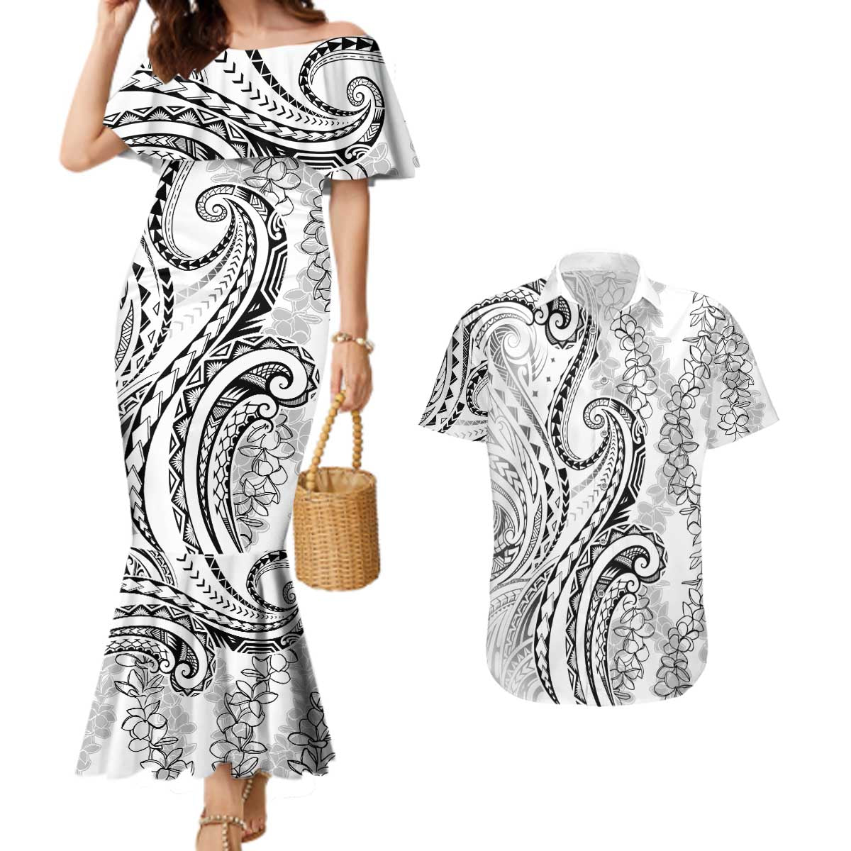 Polynesia Plumeria Lei Couples Matching Mermaid Dress and Hawaiian Shirt White Curves Motif