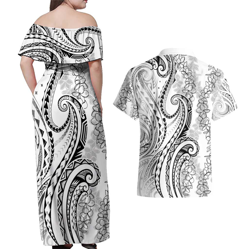Polynesia Plumeria Lei Couples Matching Off Shoulder Maxi Dress and Hawaiian Shirt White Curves Motif