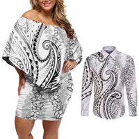 Polynesia Plumeria Lei Couples Matching Off Shoulder Short Dress and Long Sleeve Button Shirt White Curves Motif