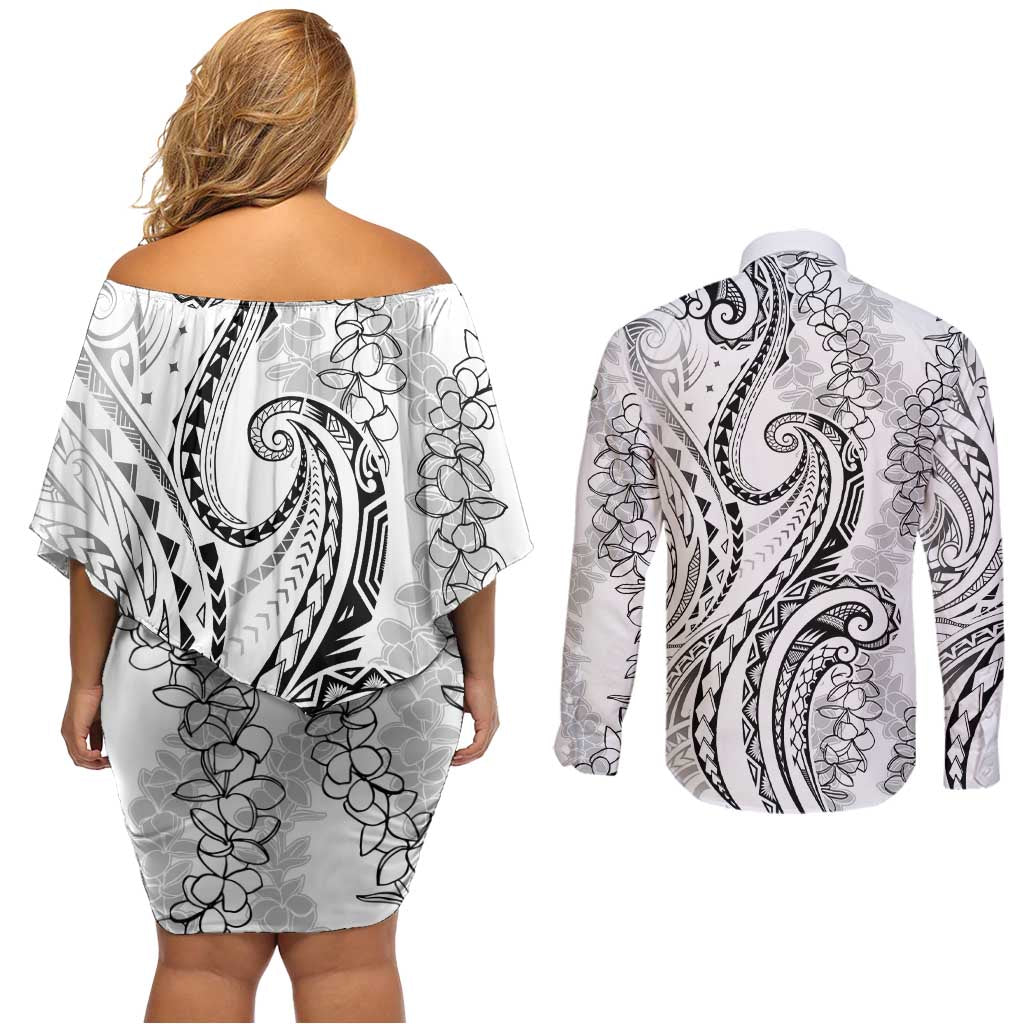 Polynesia Plumeria Lei Couples Matching Off Shoulder Short Dress and Long Sleeve Button Shirt White Curves Motif