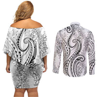 Polynesia Plumeria Lei Couples Matching Off Shoulder Short Dress and Long Sleeve Button Shirt White Curves Motif