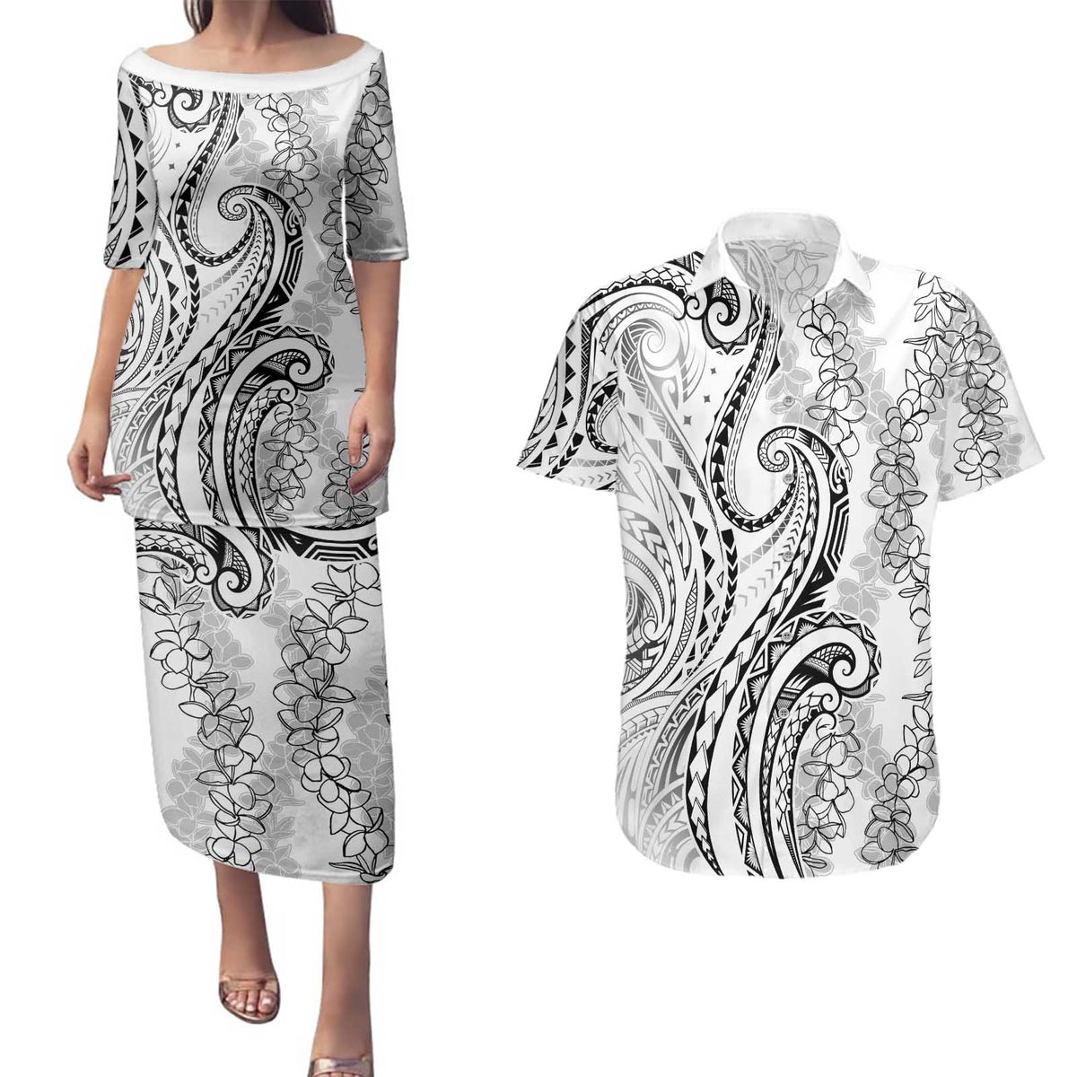 Polynesia Plumeria Lei Couples Matching Puletasi and Hawaiian Shirt White Curves Motif