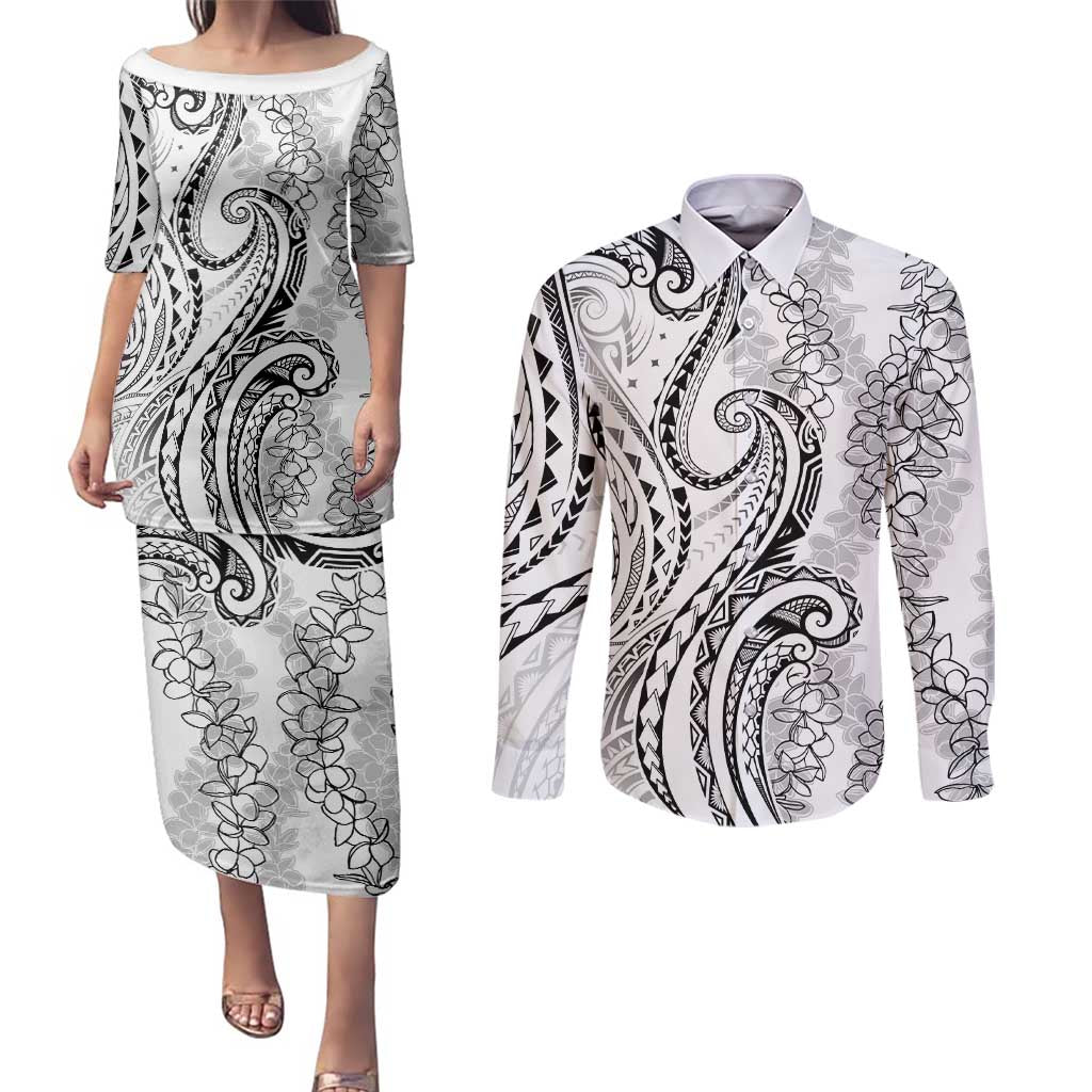 Polynesia Plumeria Lei Couples Matching Puletasi and Long Sleeve Button Shirt White Curves Motif