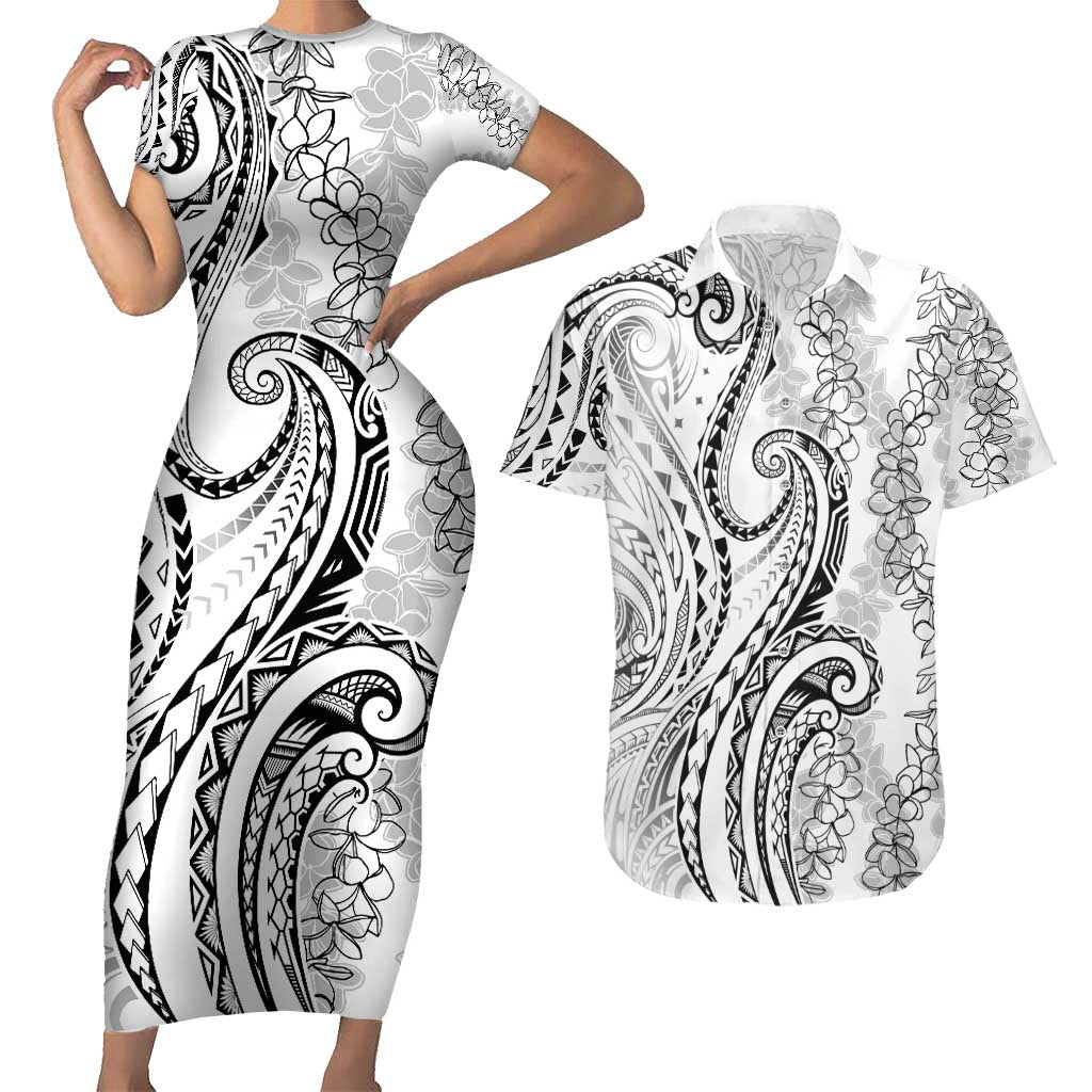 Polynesia Plumeria Lei Couples Matching Short Sleeve Bodycon Dress and Hawaiian Shirt White Curves Motif