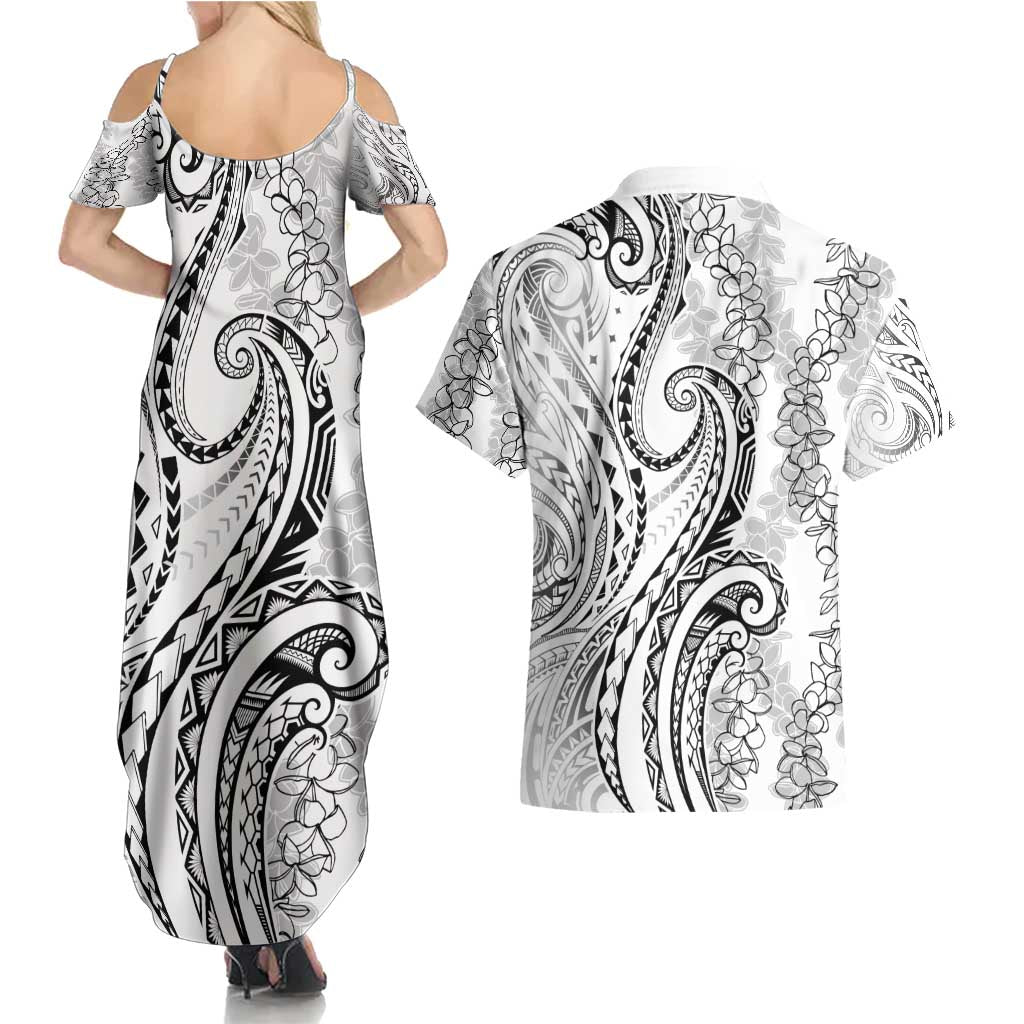 Polynesia Plumeria Lei Couples Matching Summer Maxi Dress and Hawaiian Shirt White Curves Motif
