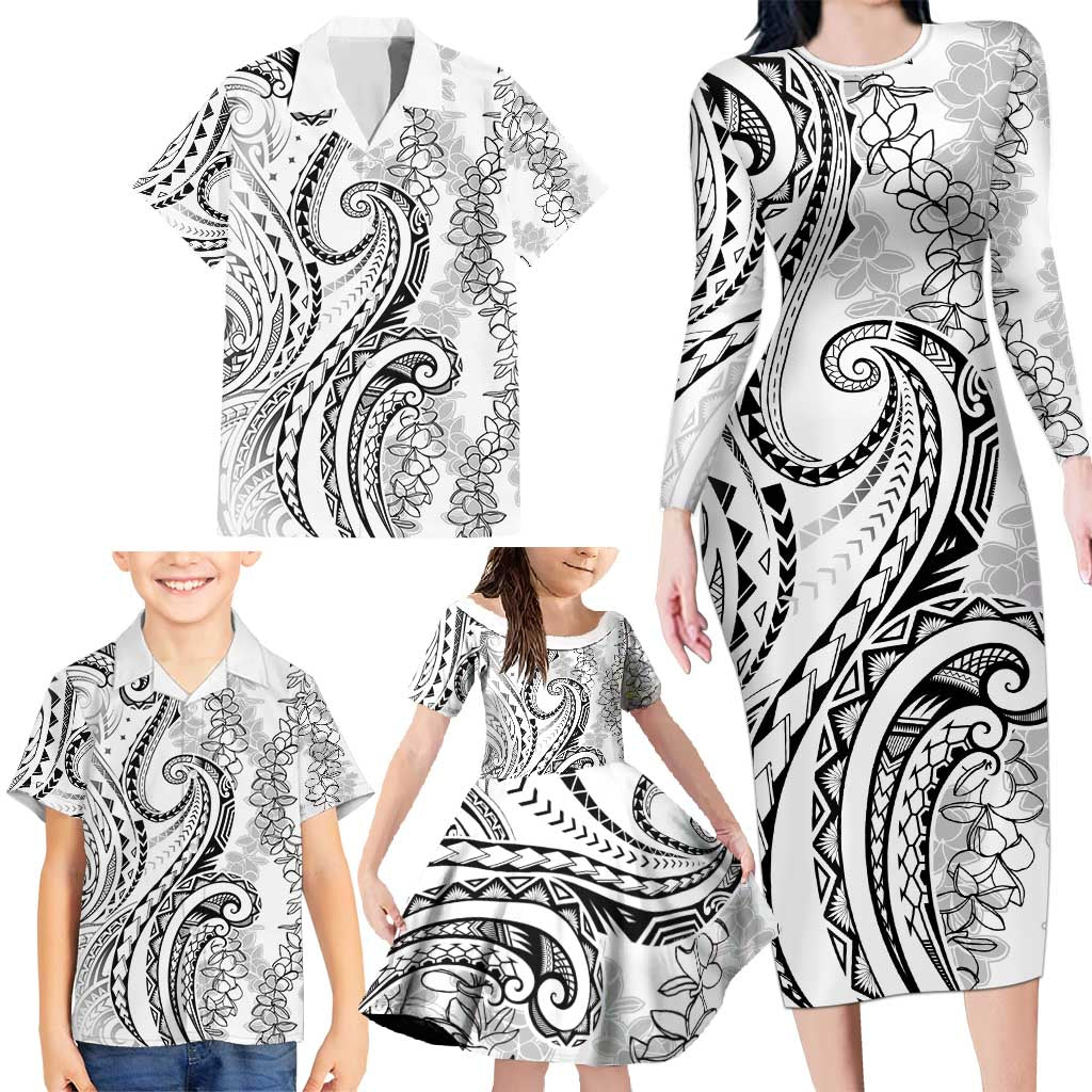 Polynesia Plumeria Lei Family Matching Long Sleeve Bodycon Dress and Hawaiian Shirt White Curves Motif