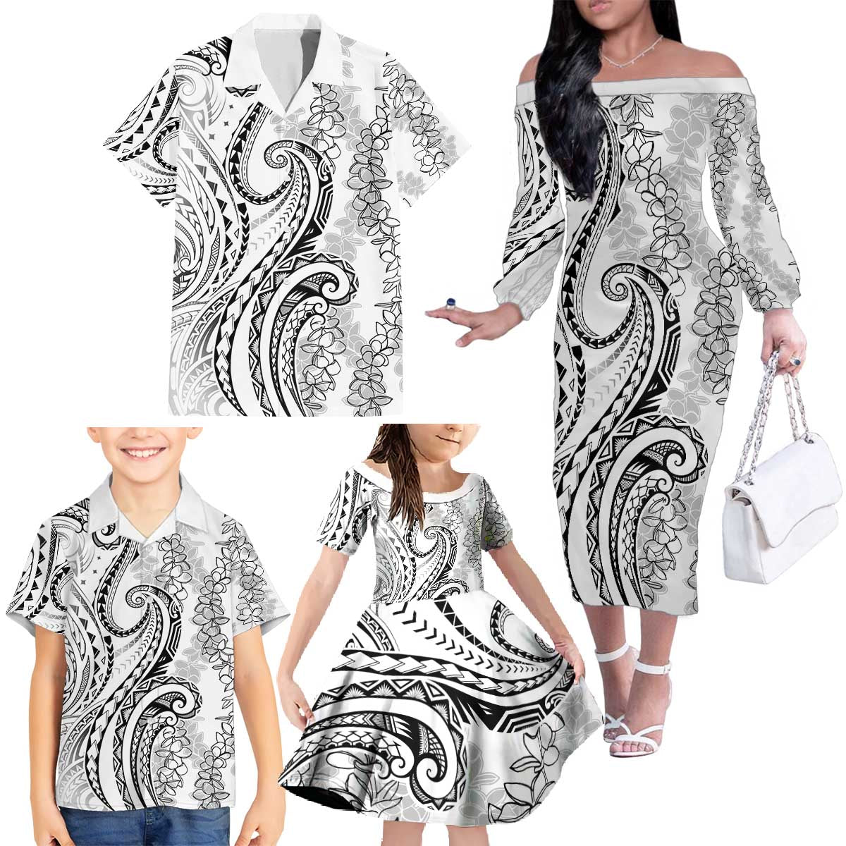 Polynesia Plumeria Lei Family Matching Off The Shoulder Long Sleeve Dress and Hawaiian Shirt White Curves Motif