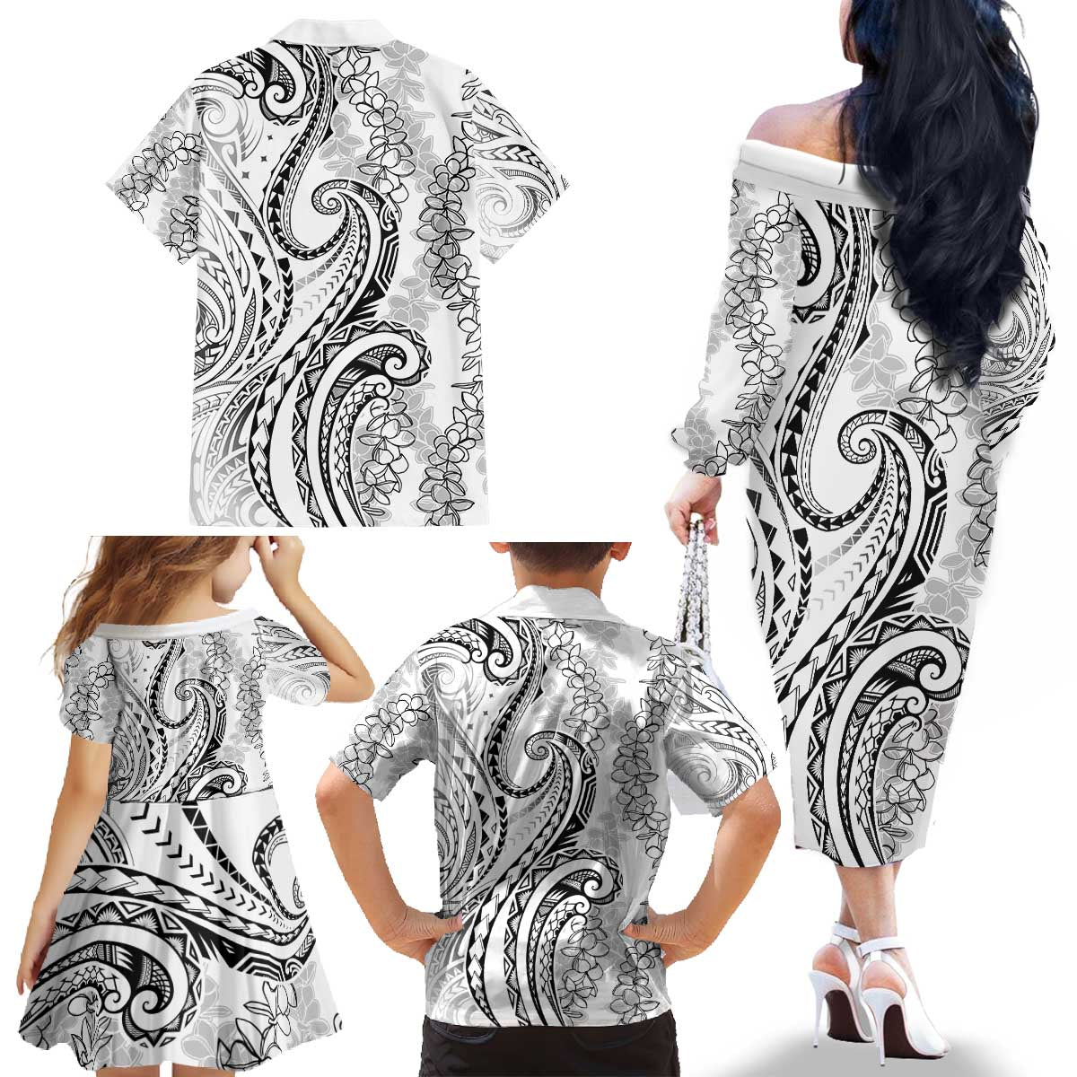 Polynesia Plumeria Lei Family Matching Off The Shoulder Long Sleeve Dress and Hawaiian Shirt White Curves Motif