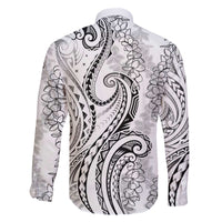 Polynesia Plumeria Lei Family Matching Off The Shoulder Long Sleeve Dress and Hawaiian Shirt White Curves Motif
