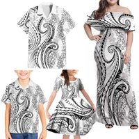 Polynesia Plumeria Lei Family Matching Off Shoulder Maxi Dress and Hawaiian Shirt White Curves Motif