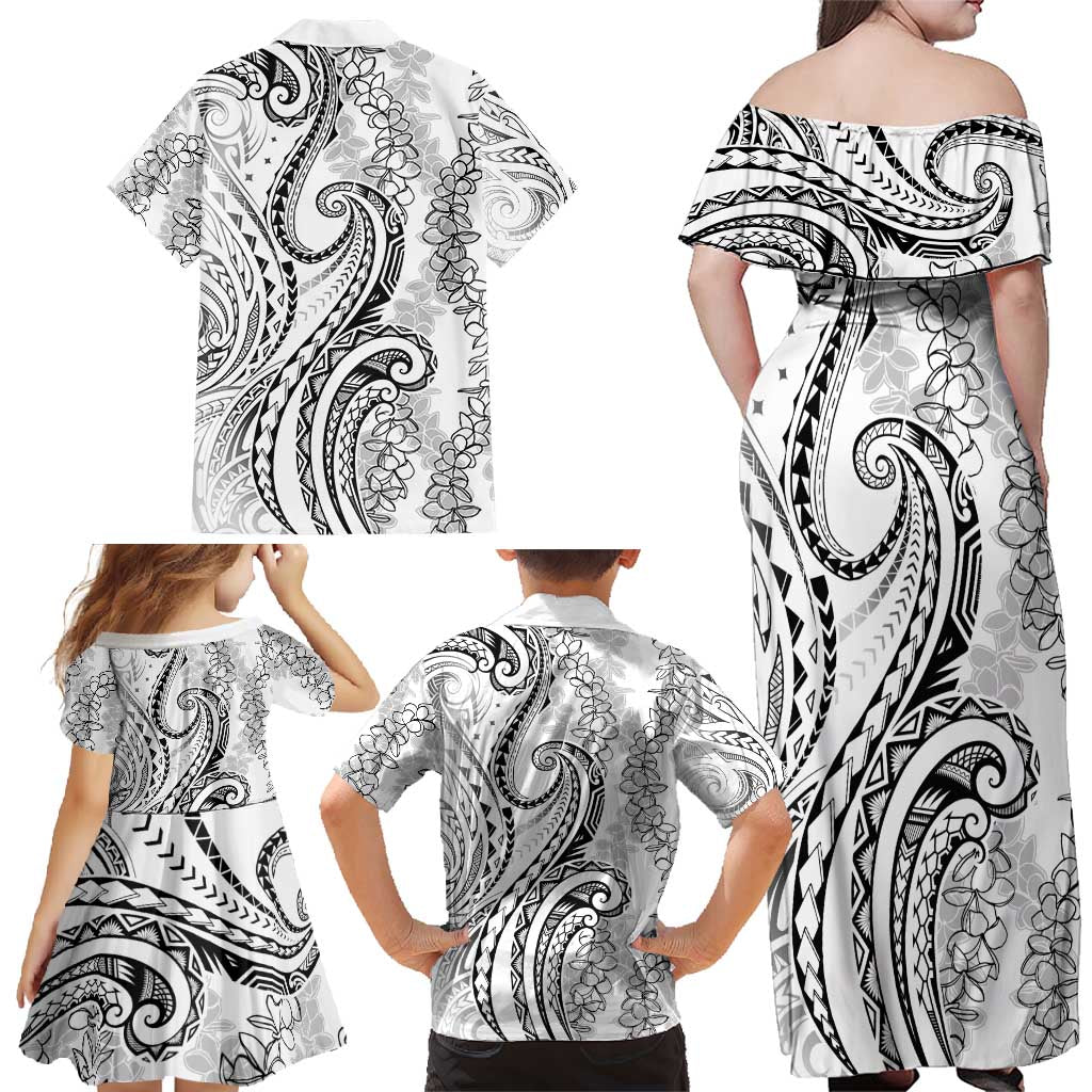 Polynesia Plumeria Lei Family Matching Off Shoulder Maxi Dress and Hawaiian Shirt White Curves Motif