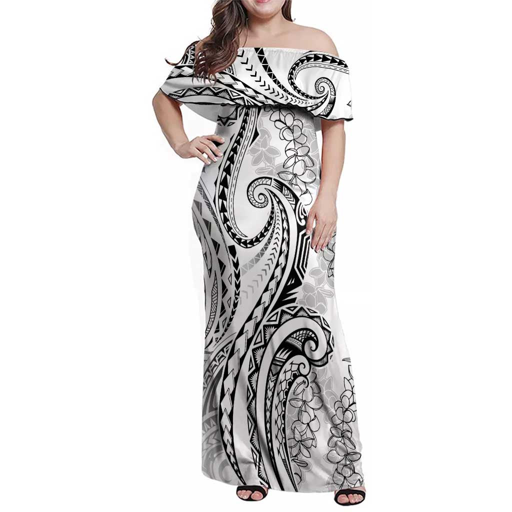 Polynesia Plumeria Lei Family Matching Off Shoulder Maxi Dress and Hawaiian Shirt White Curves Motif