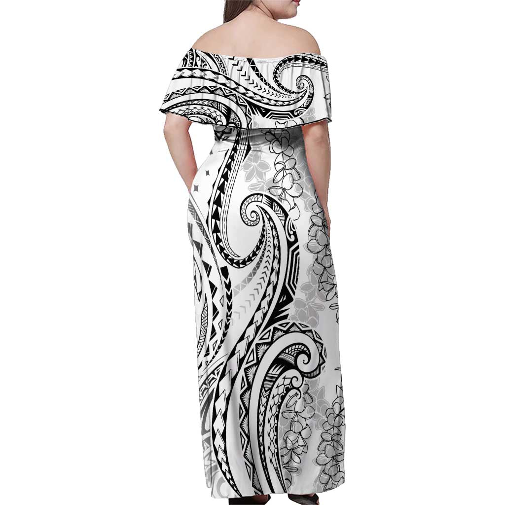 Polynesia Plumeria Lei Family Matching Off Shoulder Maxi Dress and Hawaiian Shirt White Curves Motif