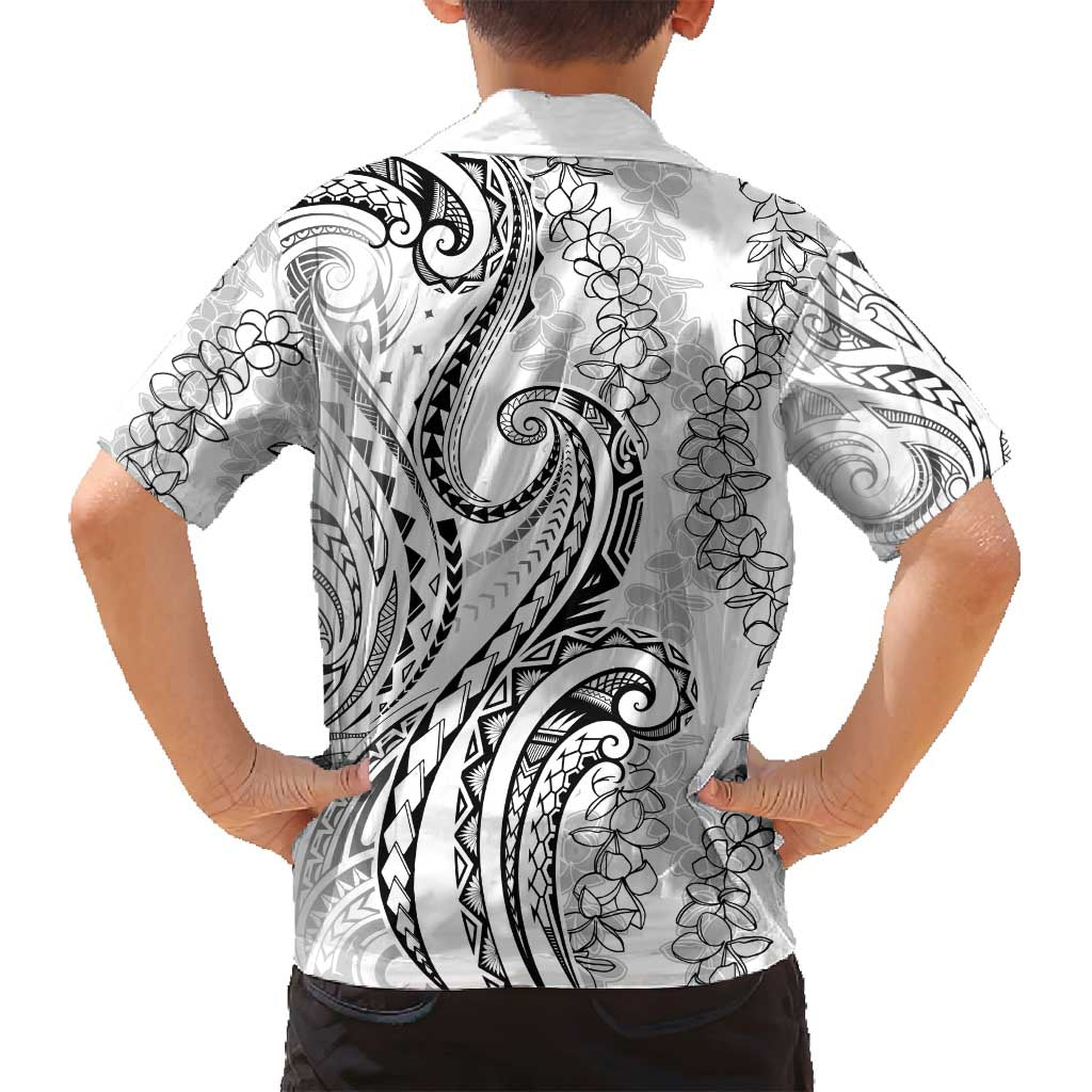 Polynesia Plumeria Lei Family Matching Off Shoulder Short Dress and Hawaiian Shirt White Curves Motif