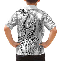 Polynesia Plumeria Lei Family Matching Off Shoulder Short Dress and Hawaiian Shirt White Curves Motif