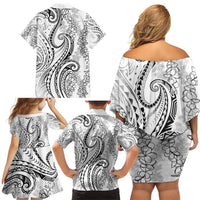 Polynesia Plumeria Lei Family Matching Off Shoulder Short Dress and Hawaiian Shirt White Curves Motif