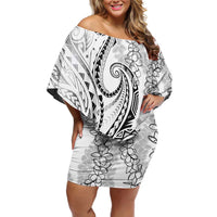 Polynesia Plumeria Lei Family Matching Off Shoulder Short Dress and Hawaiian Shirt White Curves Motif