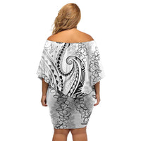 Polynesia Plumeria Lei Family Matching Off Shoulder Short Dress and Hawaiian Shirt White Curves Motif