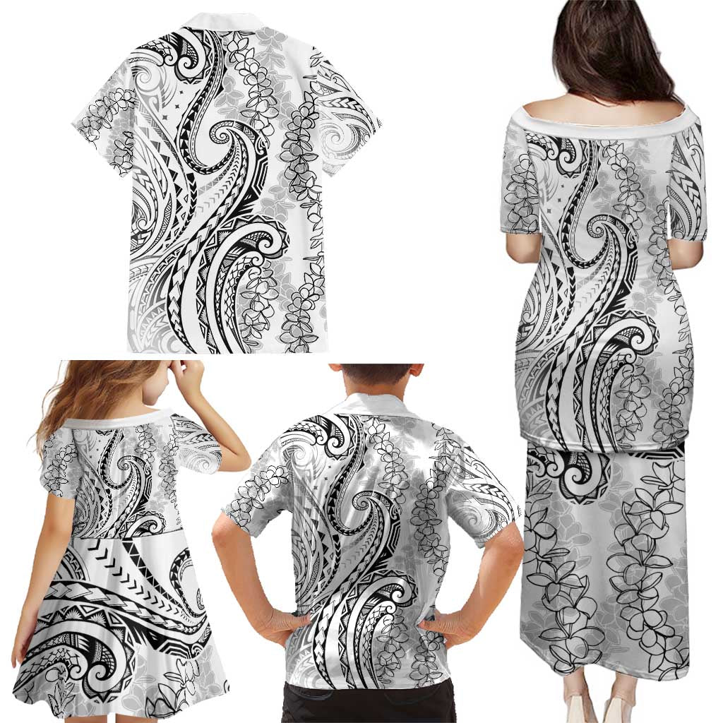 Polynesia Plumeria Lei Family Matching Puletasi and Hawaiian Shirt White Curves Motif