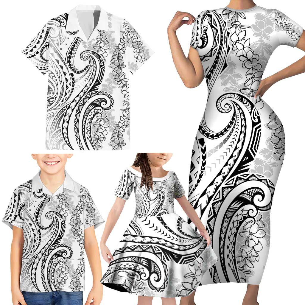 Polynesia Plumeria Lei Family Matching Short Sleeve Bodycon Dress and Hawaiian Shirt White Curves Motif