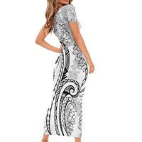 Polynesia Plumeria Lei Family Matching Short Sleeve Bodycon Dress and Hawaiian Shirt White Curves Motif