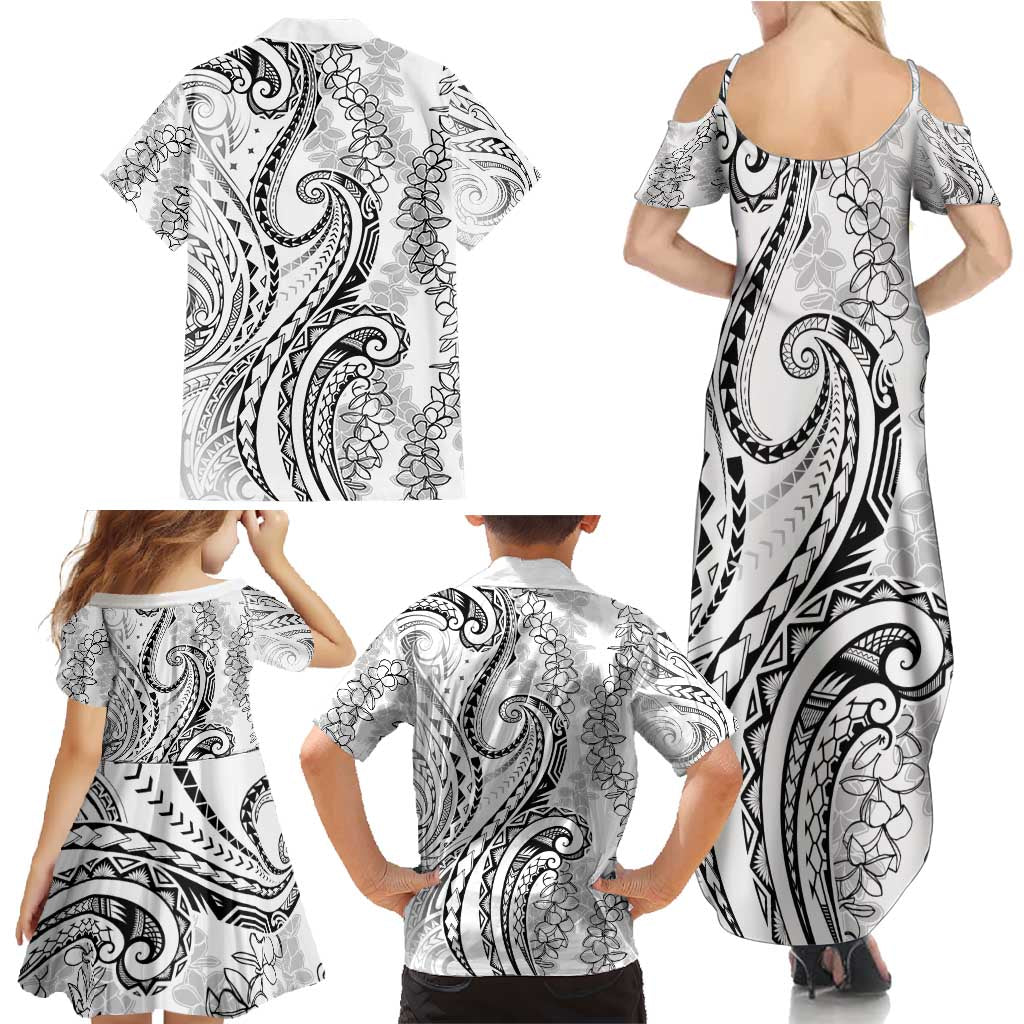 Polynesia Plumeria Lei Family Matching Summer Maxi Dress and Hawaiian Shirt White Curves Motif